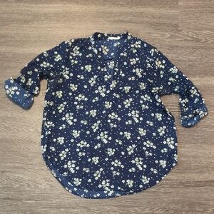 Lush Blue and White Floral Blouse with 3/4 Sleeves